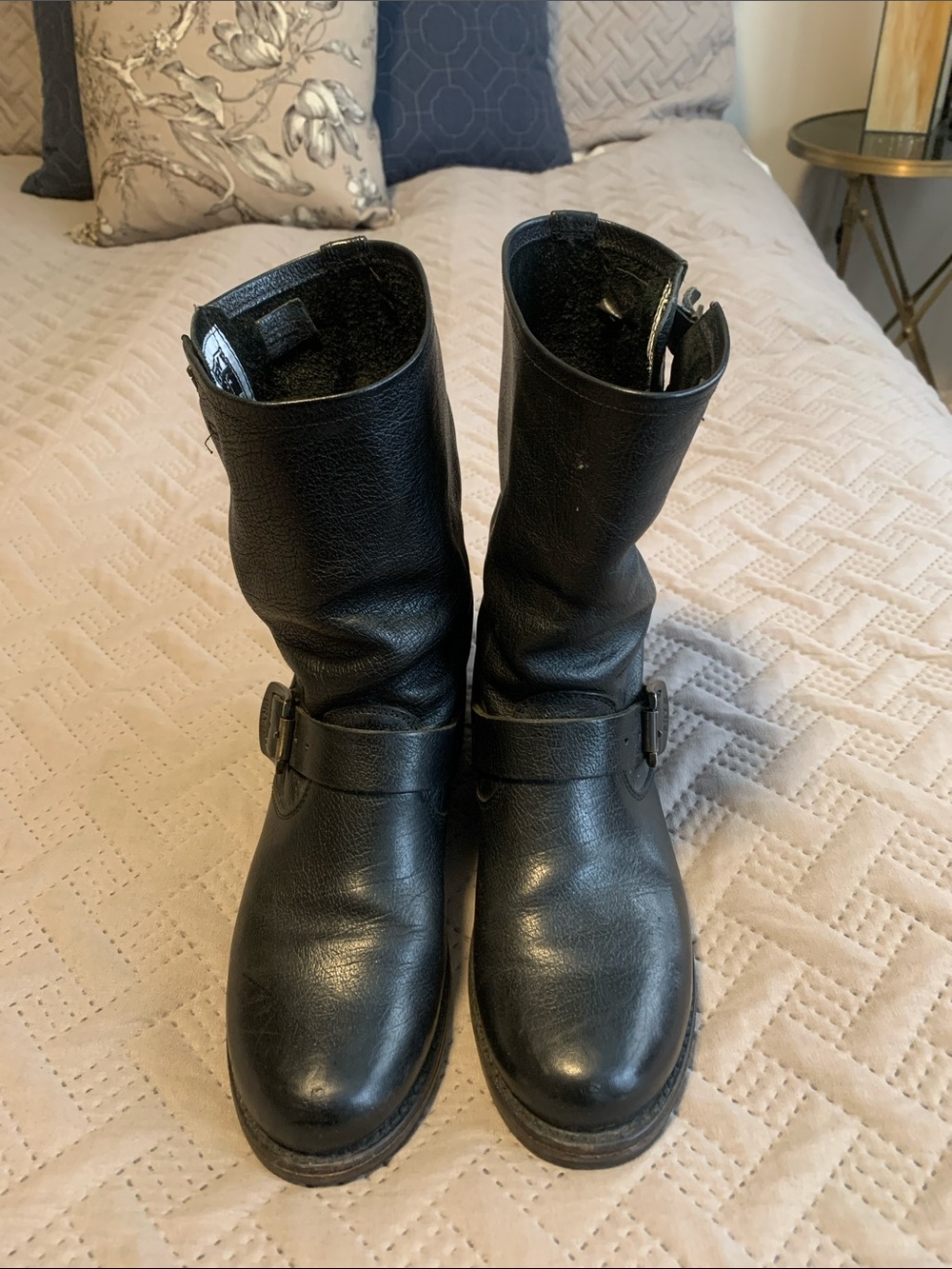 Frye Black Leather Mid-Calf Moto Boots with Buckle